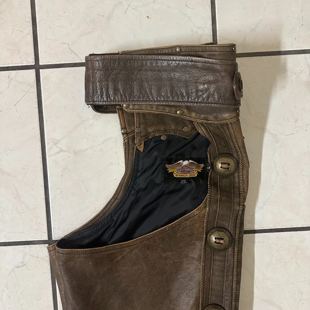 HARLEY DAVIDSON * MADE IN USA * DISTRESSED HERITAGE BROWN LEATHER CHAPS LARGE